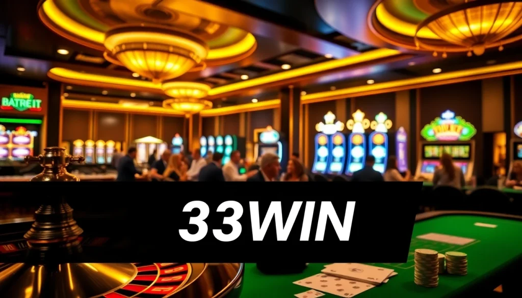 Join the thrill at 33WIN as players celebrate their wins around vibrant casino tables.