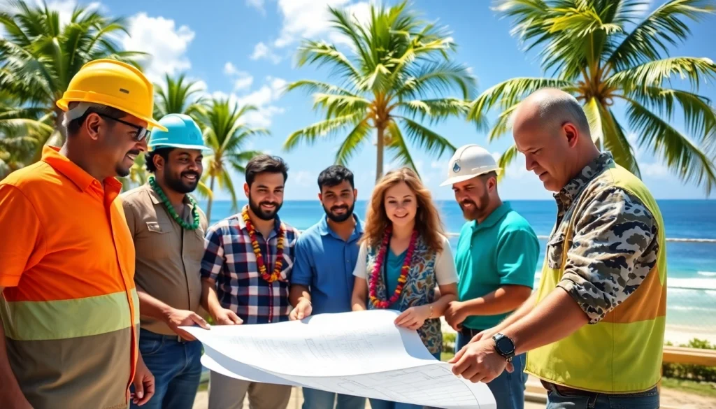 Engaging scene of Hawaii construction news with diverse workers collaborating on a building project.