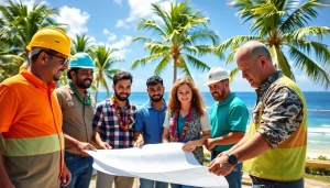Engaging scene of Hawaii construction news with diverse workers collaborating on a building project.