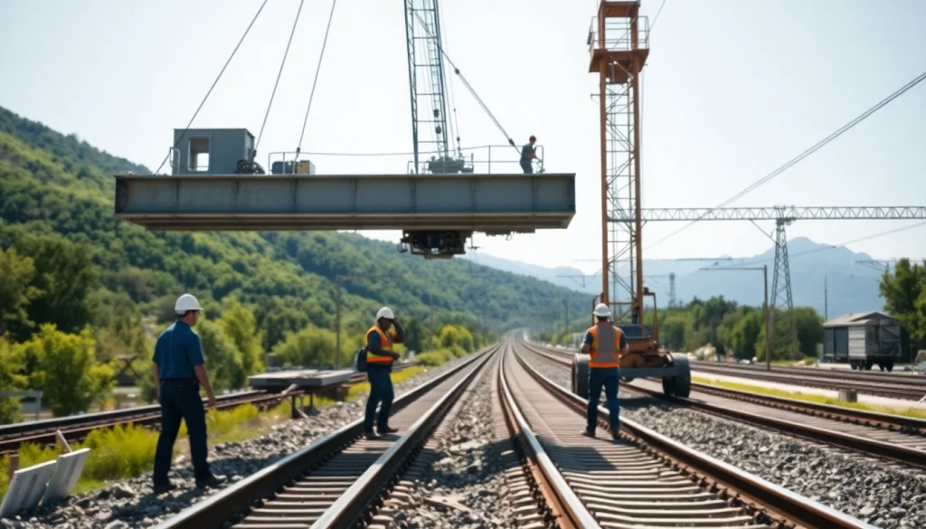 Railroad Contractors Near Me collaborating on a railway project with cranes and steel beams.