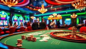 Mega888 casino scene with players at a poker table enjoying a luxurious gambling experience.