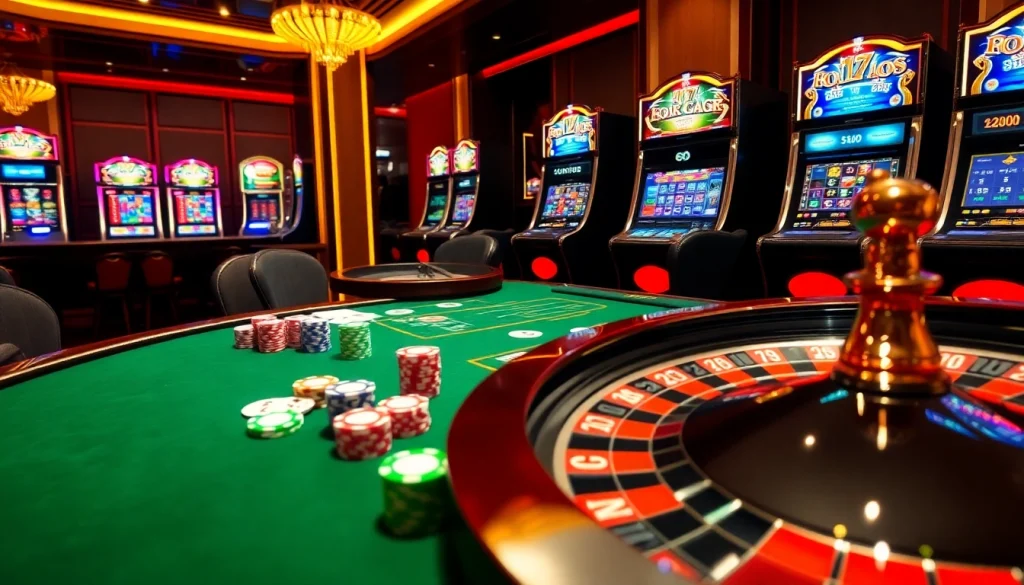 Scène de casino en ligne avec une table luxueuse, des jetons de poker, et un croupier professionnel invitant les joueurs.