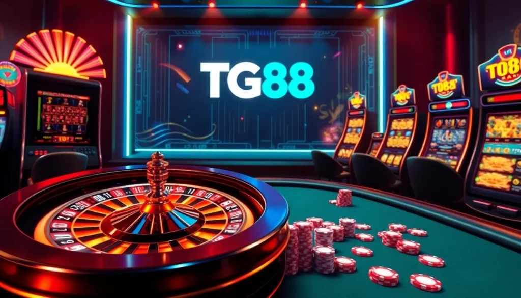 Experience the thrill of gambling with TG88 in a luxurious casino atmosphere featuring roulette and slot machines.