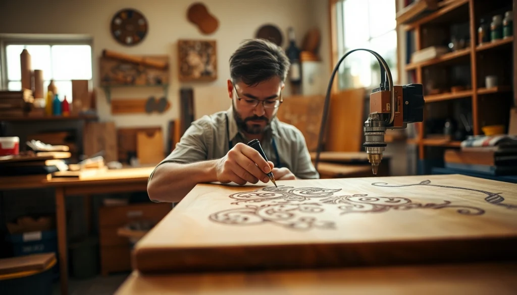 Crafting unique laser engraving designs in an artisan workshop with warm lighting.