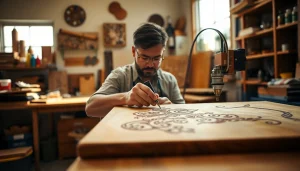 Crafting unique laser engraving designs in an artisan workshop with warm lighting.