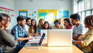 Students managing phon in school life collaboratively engage in learning in a vibrant classroom setting.