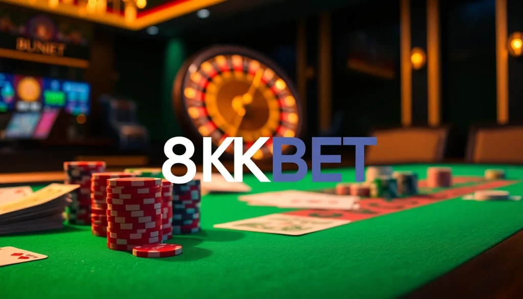 Experience the excitement of gambling with 8KBET at a luxurious casino table featuring poker chips and cards.