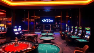 A dynamic poker game at a lavish casino featuring ok365m logo, showcasing players in action.