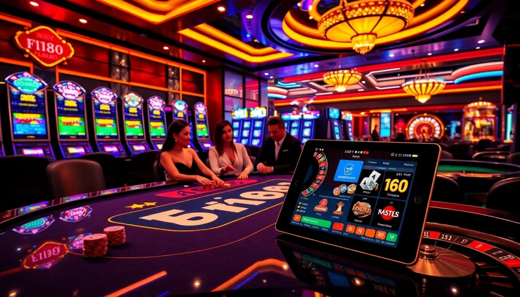 Engage with F168's thrilling casino atmosphere, showcasing luxurious tables and vibrant gaming elements.