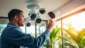 Instalación de cámaras de seguridad por un técnico en una casa tropical en Guanacaste, Costa Rica.