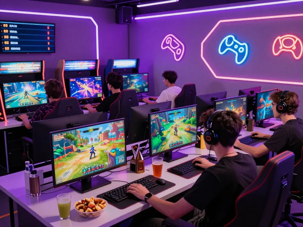 Players enjoying various games at mantra88’s vibrant online gaming hub, illuminated by neon purple decor.