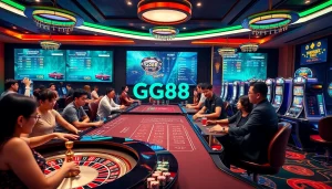 Excited players exploring the GG88 Link interface in a vibrant casino setting.