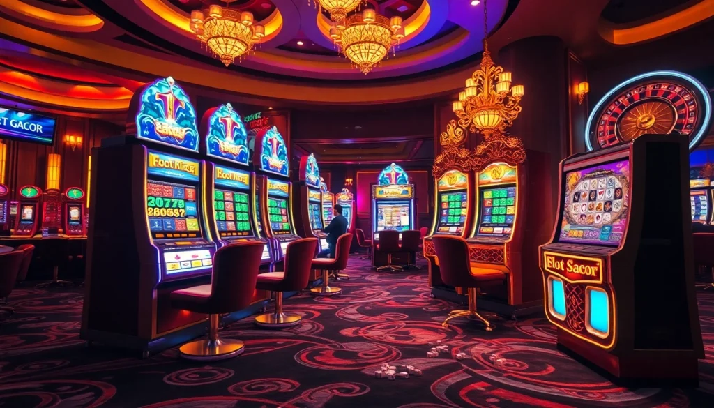 Players enjoying high-stakes slot gacor machines in a luxurious casino atmosphere.