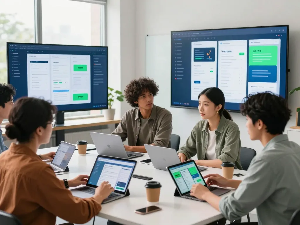 No code app builder collaboration in a modern workspace with digital interfaces.