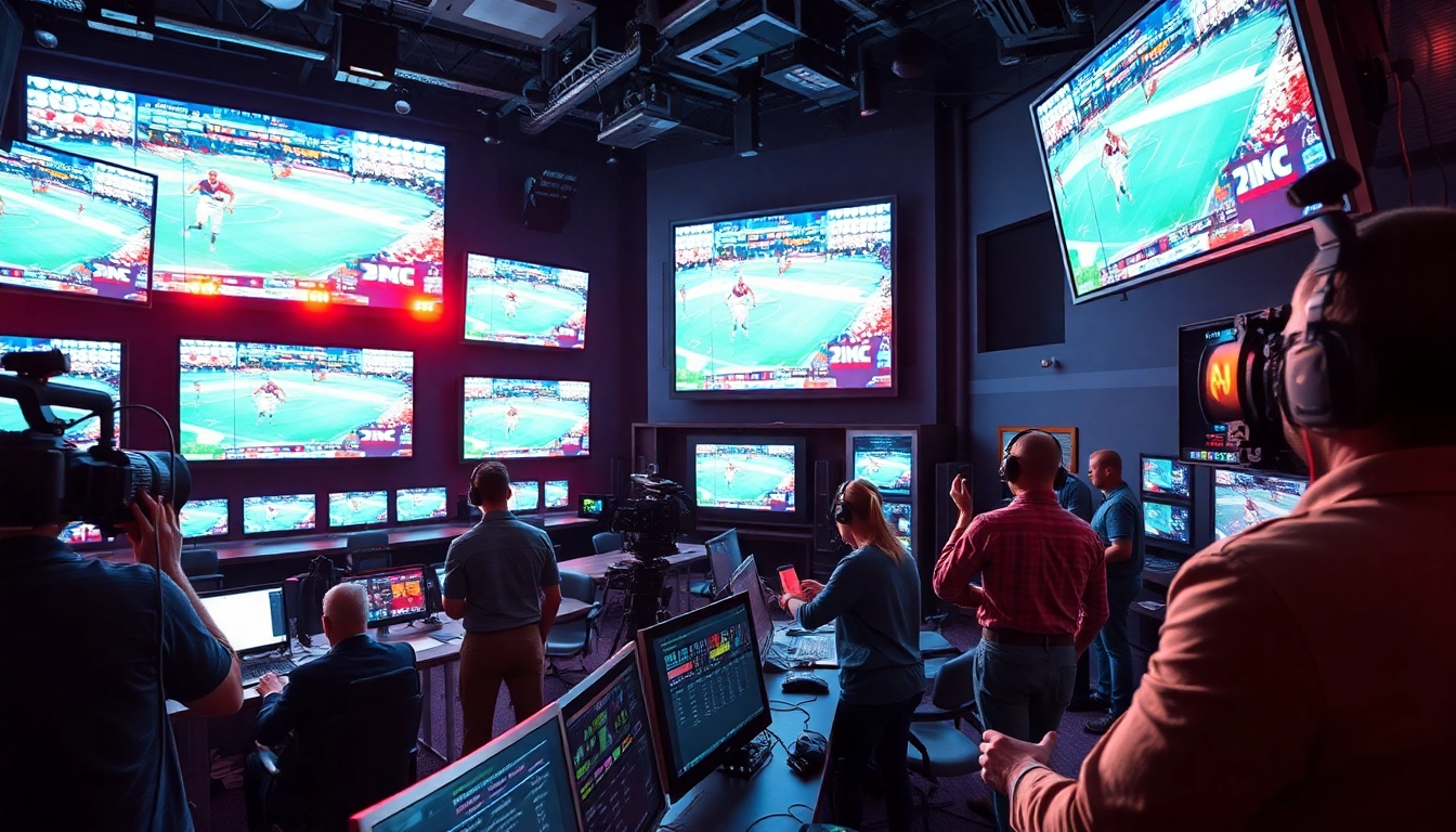 Capturing action in sports broadcasting with vibrant studio setup and engaged crew.