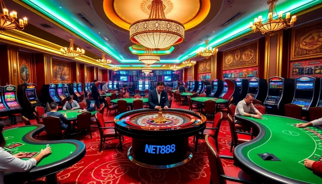 NET88 players enjoy a vibrant casino atmosphere with roulette and poker tables.