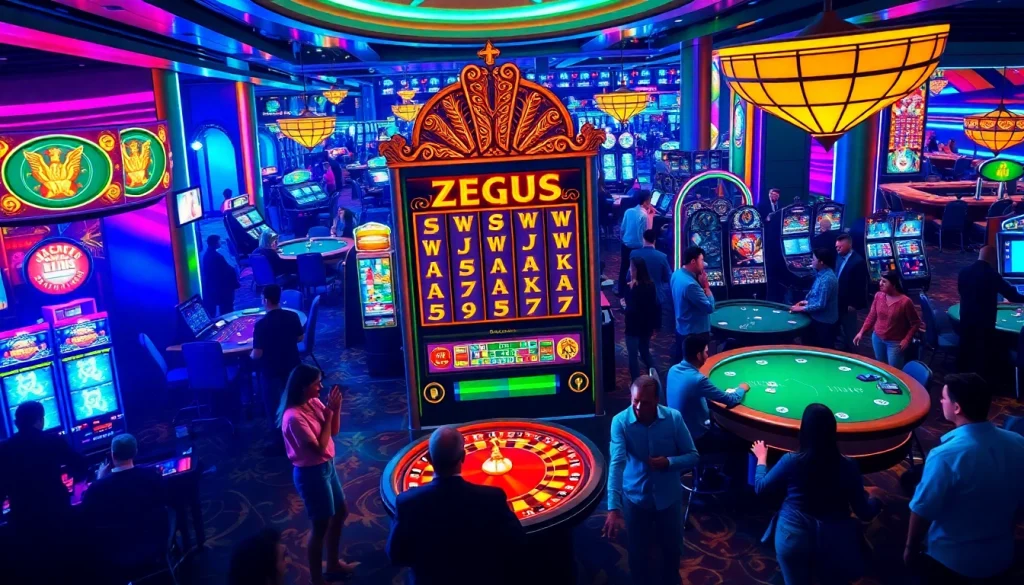Menangkan jackpot di Slot Zeus dengan suasana kasino yang energik dan penuh warna.