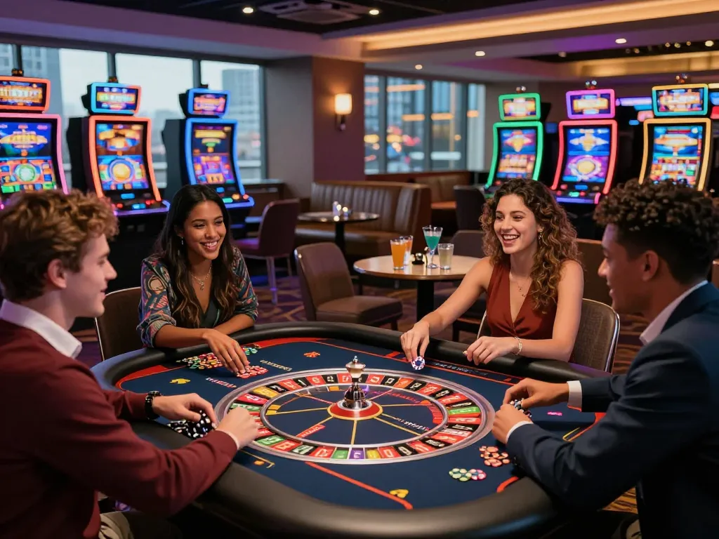 Exciting group of friends at casino hubet88 enjoying roulette under vibrant lighting and modern design