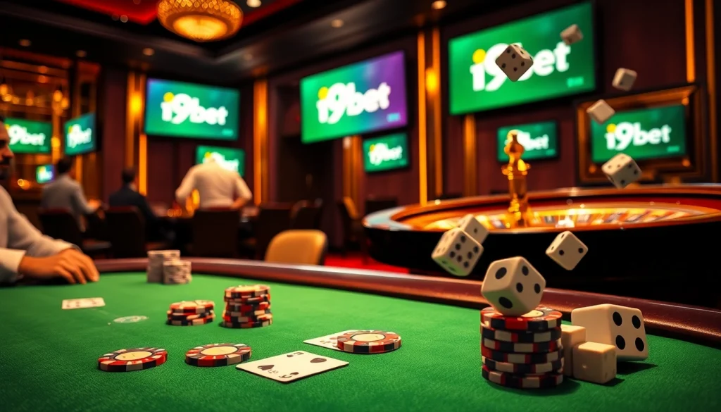 Experience a vibrant casino scene with i9bet, featuring poker tables, roulette wheels, and lively players.