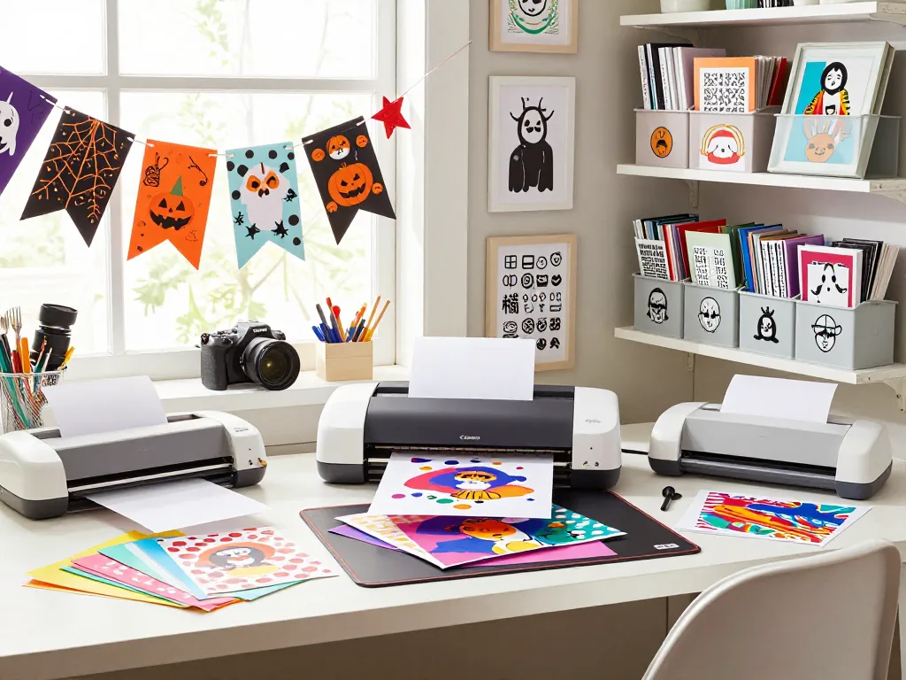 SVG for Cricut designer in a colorful crafting workspace, surrounded by vibrant designs and tools.