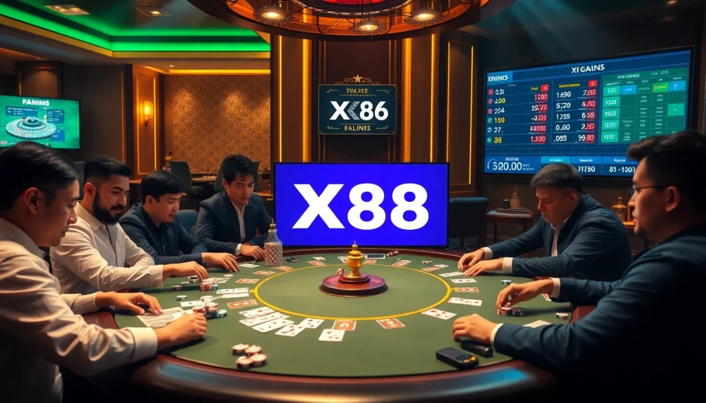 Players engage at a poker table in Nhà cái X88, showcasing excitement and strategic gameplay.