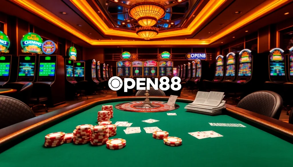 OPEN88 online gambling interface featuring poker chips and alluring casino tables.