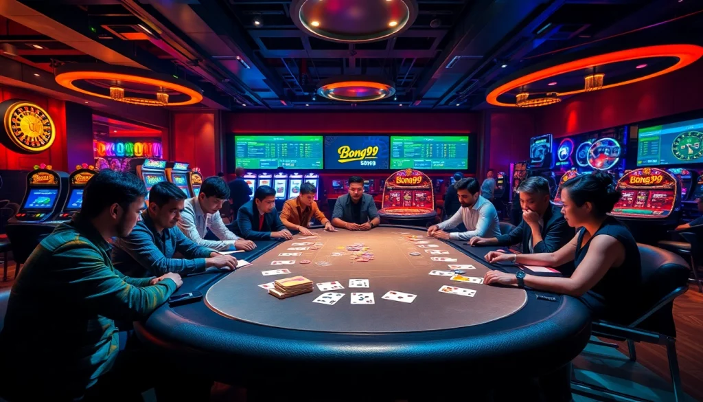 Bong99 players engaging at a luxurious casino table with vibrant chips and glowing slot machines.