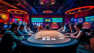 Bong99 players engaging at a luxurious casino table with vibrant chips and glowing slot machines.