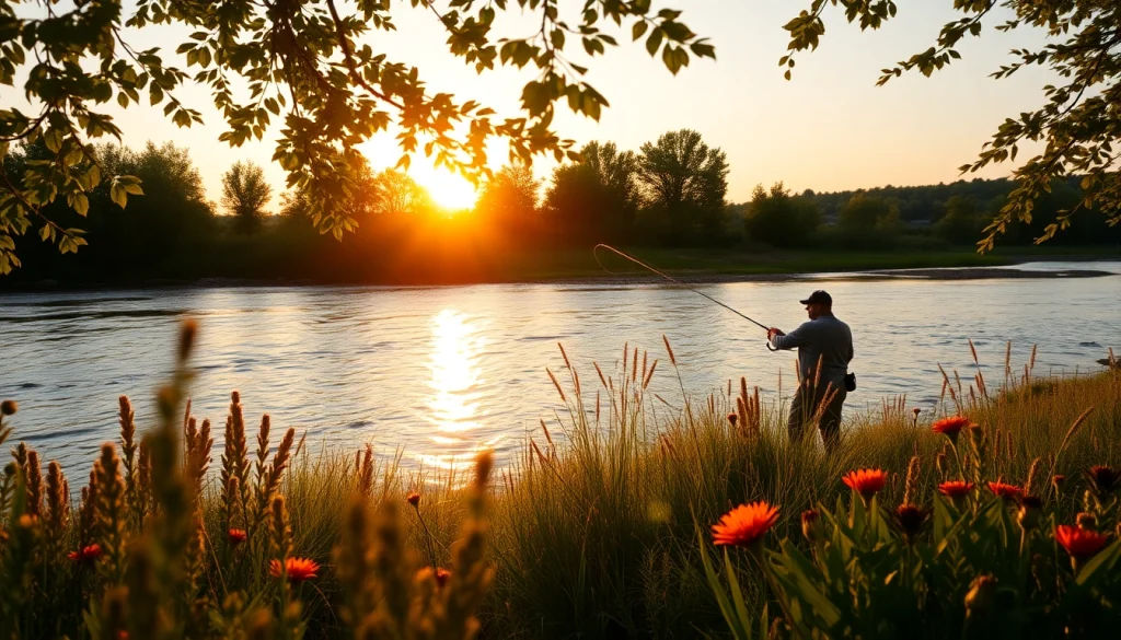 Fly fishing gifts on a tranquil riverbank with a fisherman enjoying the sunset.