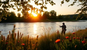 Fly fishing gifts on a tranquil riverbank with a fisherman enjoying the sunset.