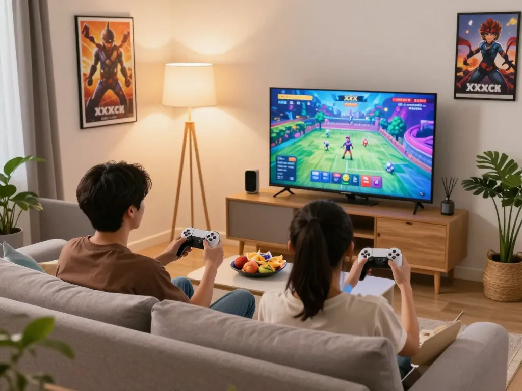 Couple enjoying an interactive xxx game in a cozy living room setting.