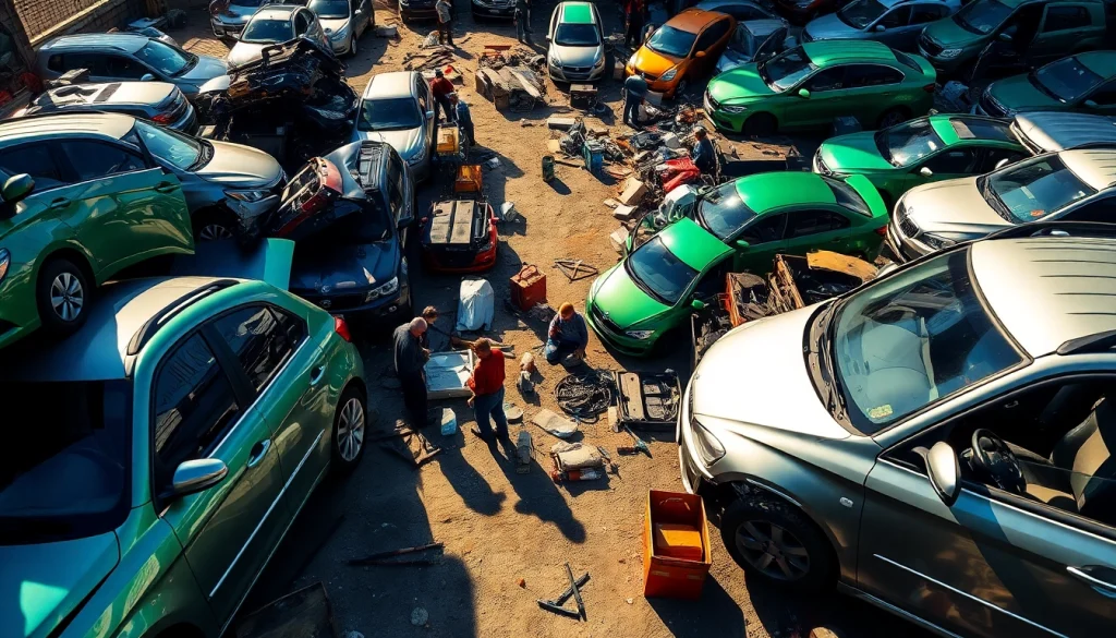 Autosloopexpert, druk auto recycling terrein met glanzende voertuigen en actieve medewerkers.