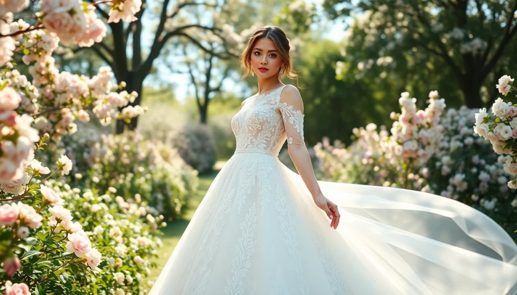 Bridal model in a garden wearing elegant gown by Rebel Designerwear in soft sunlight.