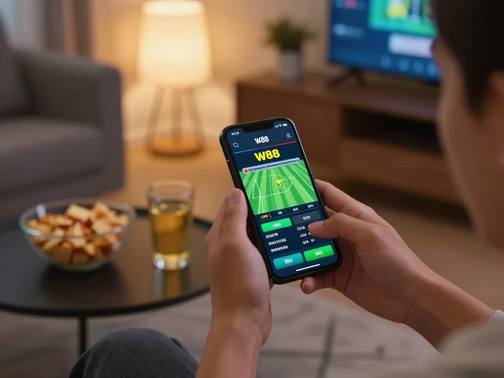 W88 mobile app sports betting in a cozy home setup with modern decor and casual atmosphere.
