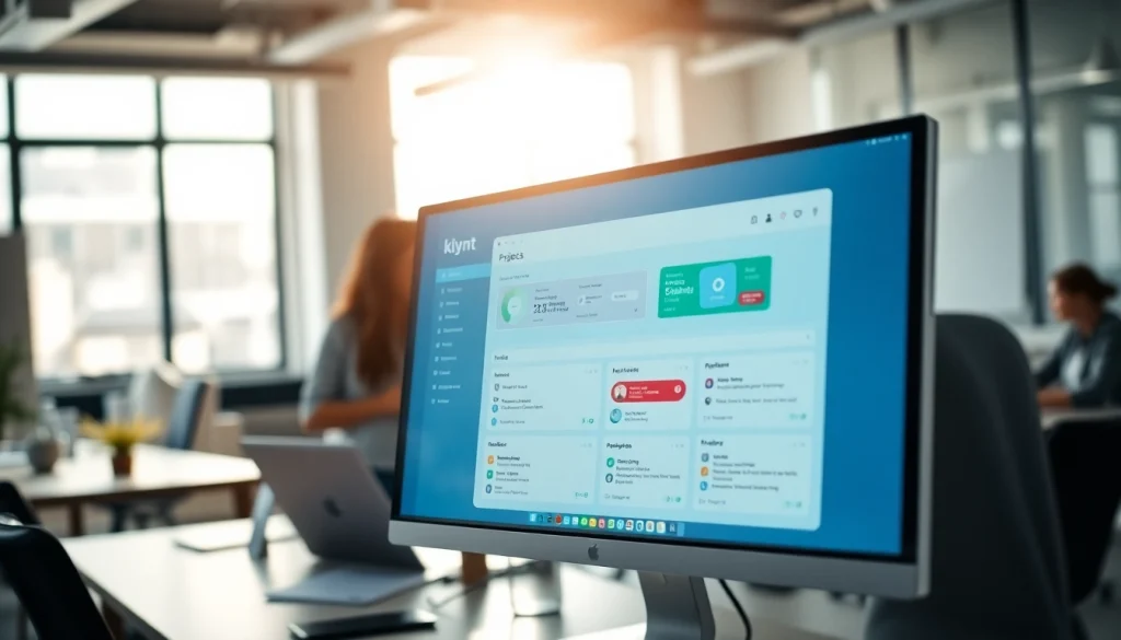 Klynt project management tool interface in a vibrant office environment, highlighting collaboration.