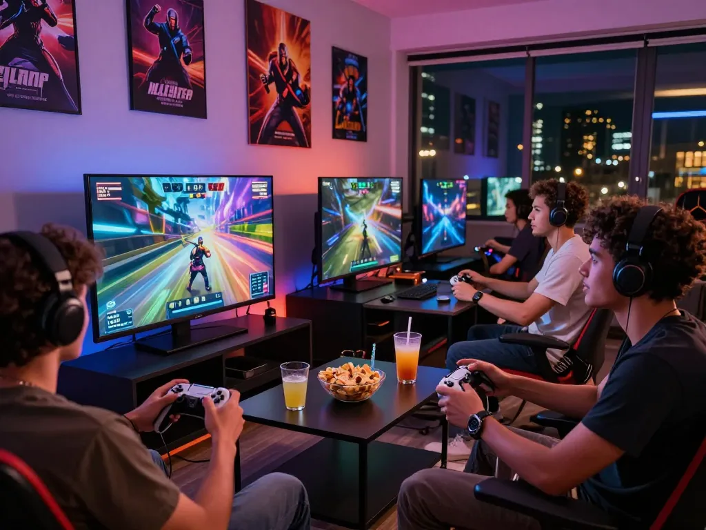 A group of friends enjoying an online gaming session at www.mantra88.com in a modern gaming setup with snacks and drinks.