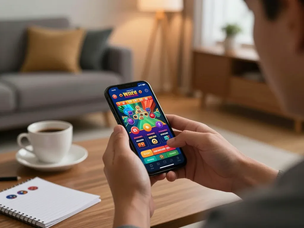 Engaging in mobile gambling at Trang Chủ F168, showcasing a vibrant casino app on smartphone in a cozy setting.