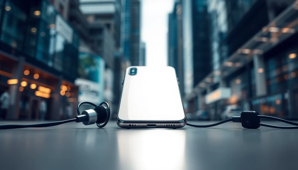 iPhone z modernym designem na tle miejskiej architektury.