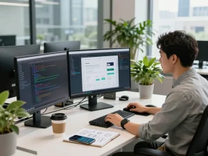 在现代科技工作空间体验谷歌浏览器的速度和安全性。