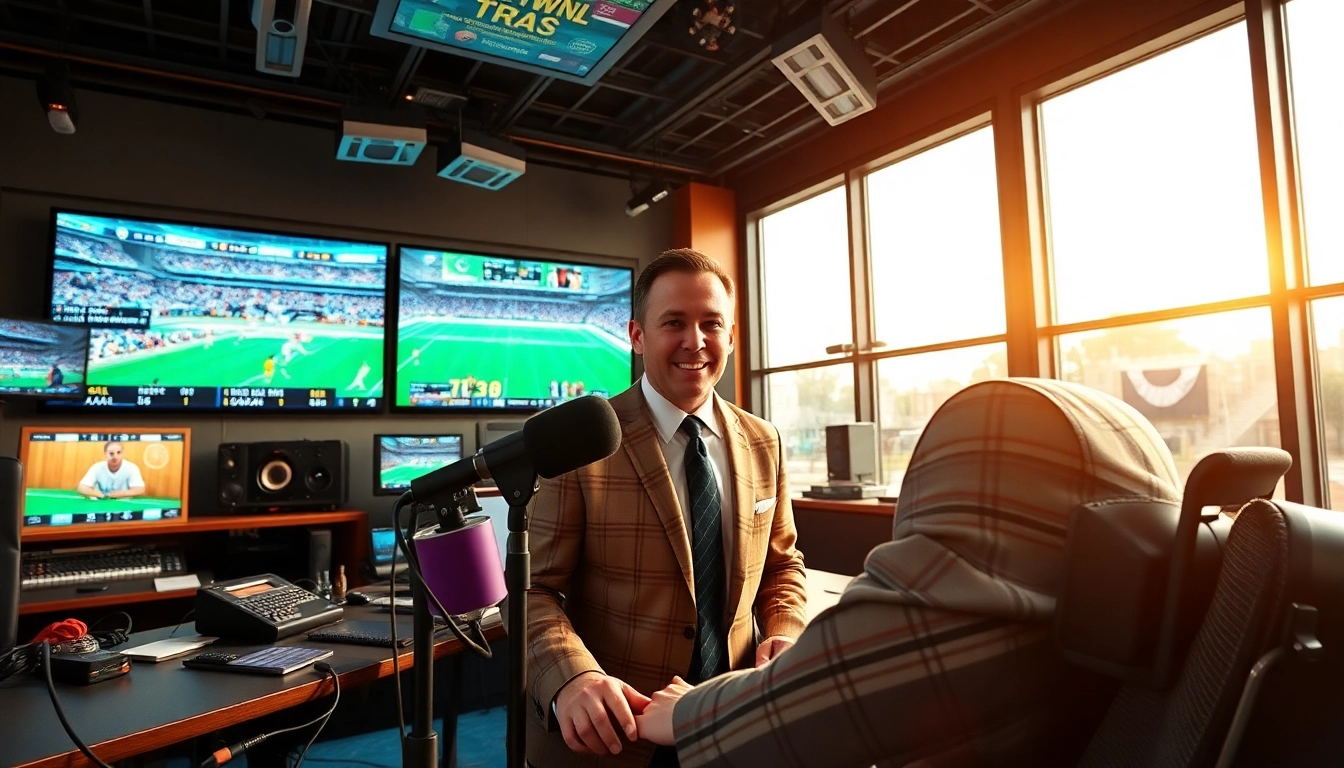 Engaging scene of sports broadcasting with a sportscaster and live event screens showcasing Sports broadcasting.