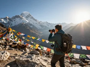 Trek to Annapurna Circuit traveler at Thorong La Pass with snow-capped mountains, showcasing adventure and scenic views.
