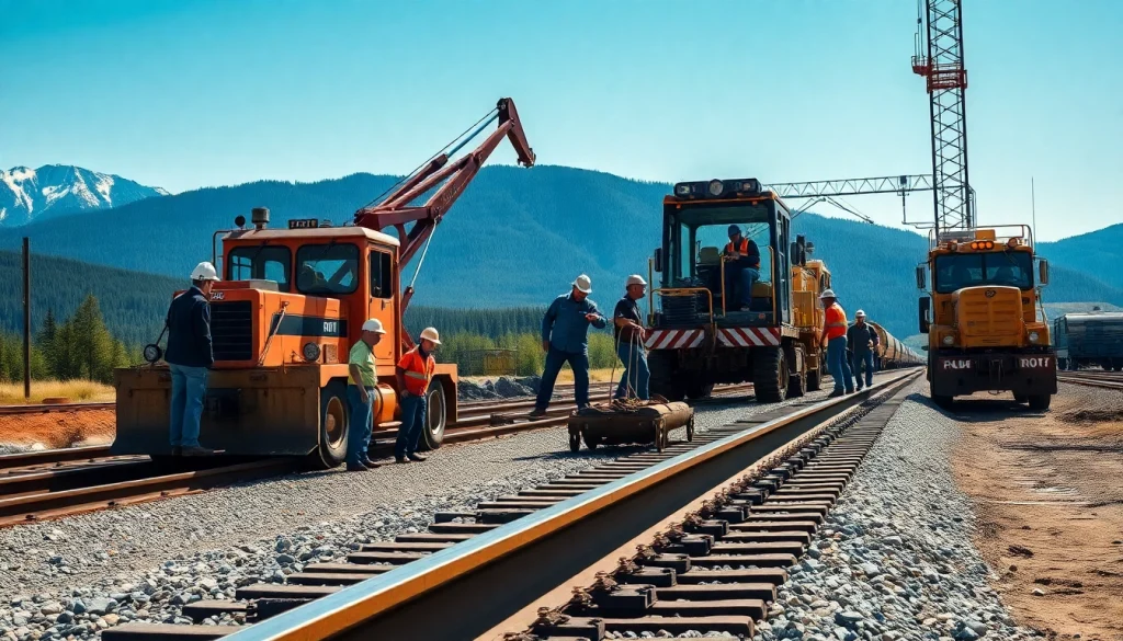 Rail contractor Canada crew actively constructing railway tracks on a picturesque Canadian site.