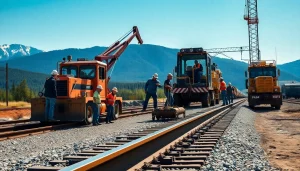 Rail contractor Canada crew actively constructing railway tracks on a picturesque Canadian site.