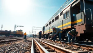 Railroad Contractors Near Me working on a track construction project, showcasing skilled labor in action.