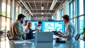 Team collaborating on website design essex in a modern office.