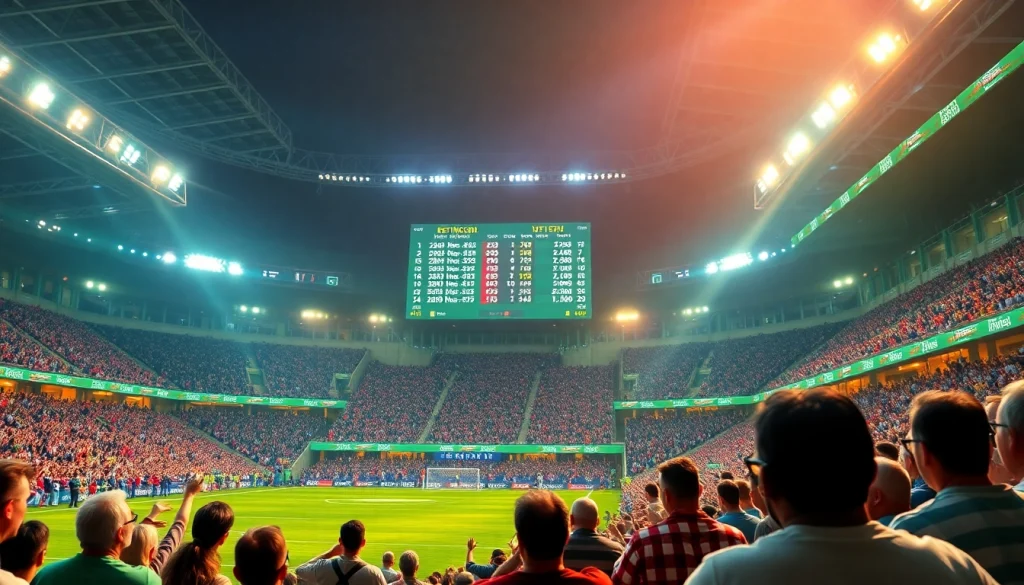 Vibrant football stadium scene showcasing betting odds from https://keonhacai.study/ with excited fans.