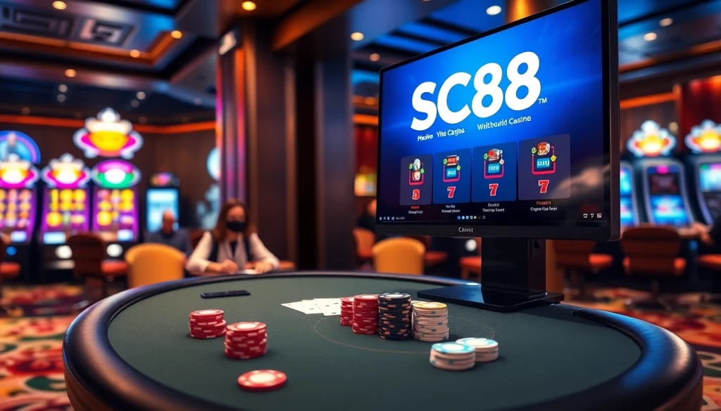Experience the thrill of gambling at SC88 with vibrant casino elements like poker chips and slot machines.