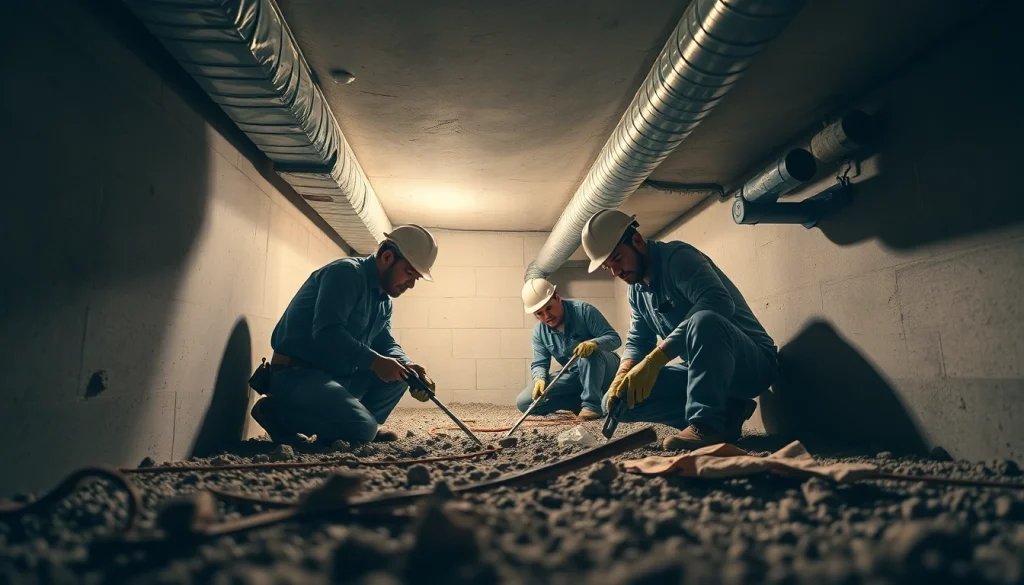 Crawl Space Restoration process demonstrating workers repairing moisture barriers and insulation.