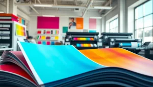 Print shop Edmonton displaying vibrant printed materials and modern equipment in a bright workspace.