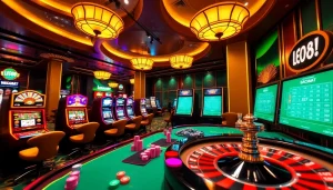 Players enjoying the thrilling experience of LEO88 casino games with vibrant slot machines and a roulette wheel.